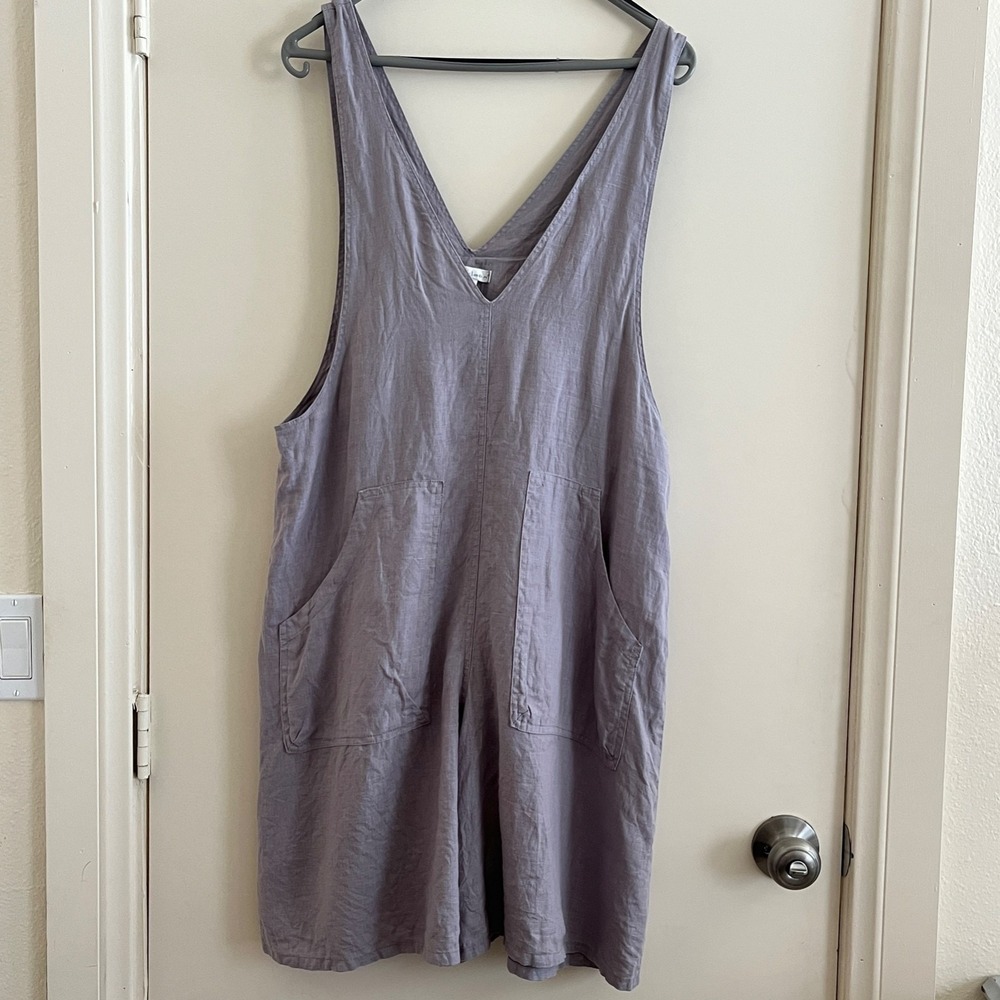 Kleen 100% Linen Playsuit Barrel Overalls Romper M Lilac Hippie Granola Crunchy